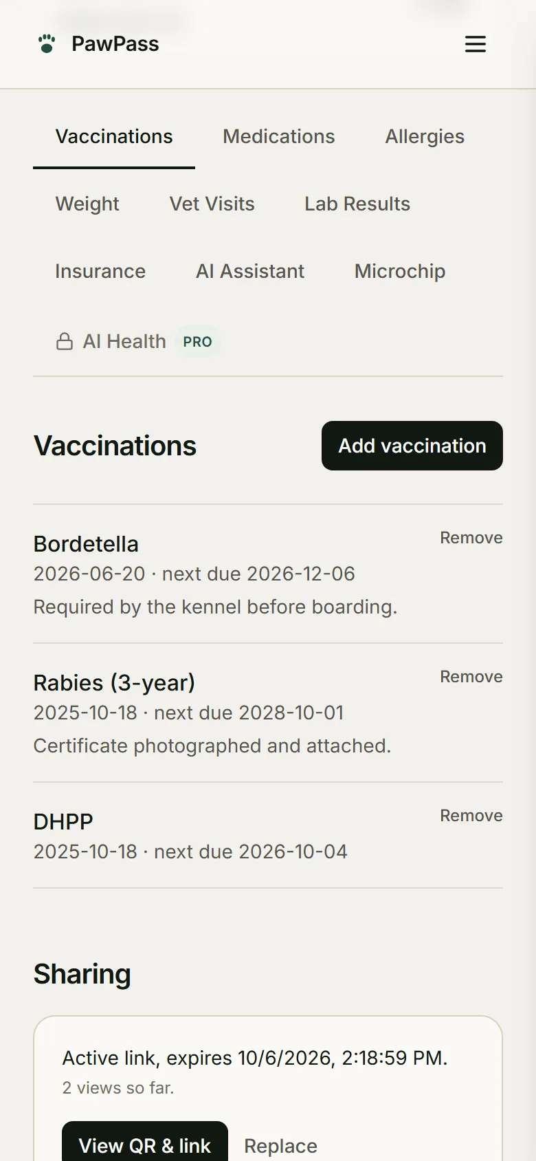 PawPass on a phone showing a dog’s vaccination timeline: rabies, DHPP and Bordetella with dates and the next due date