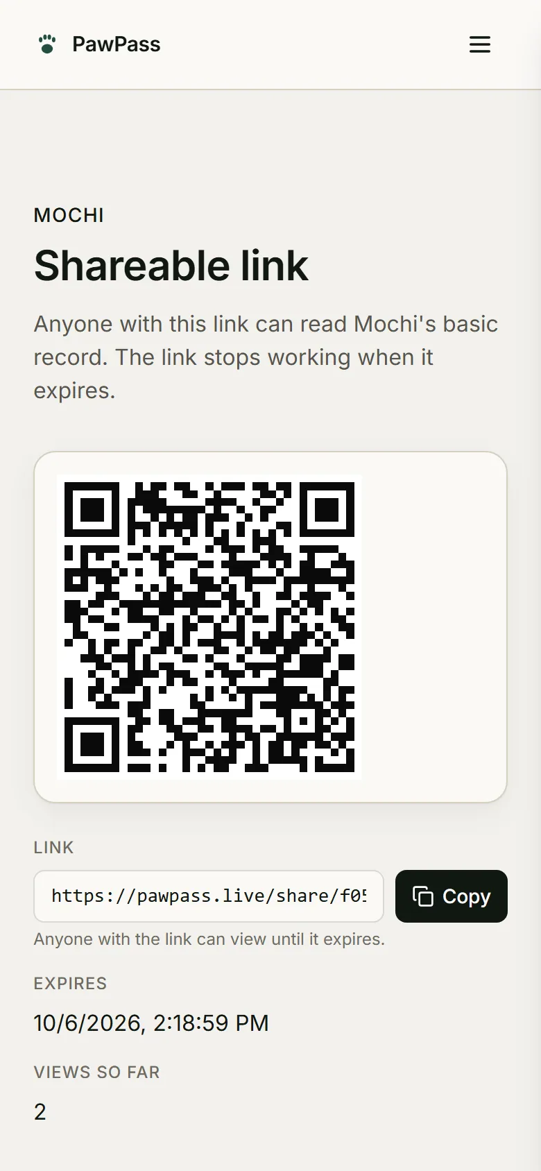 PawPass share screen with a QR code and a copyable link for a dog’s vaccination records